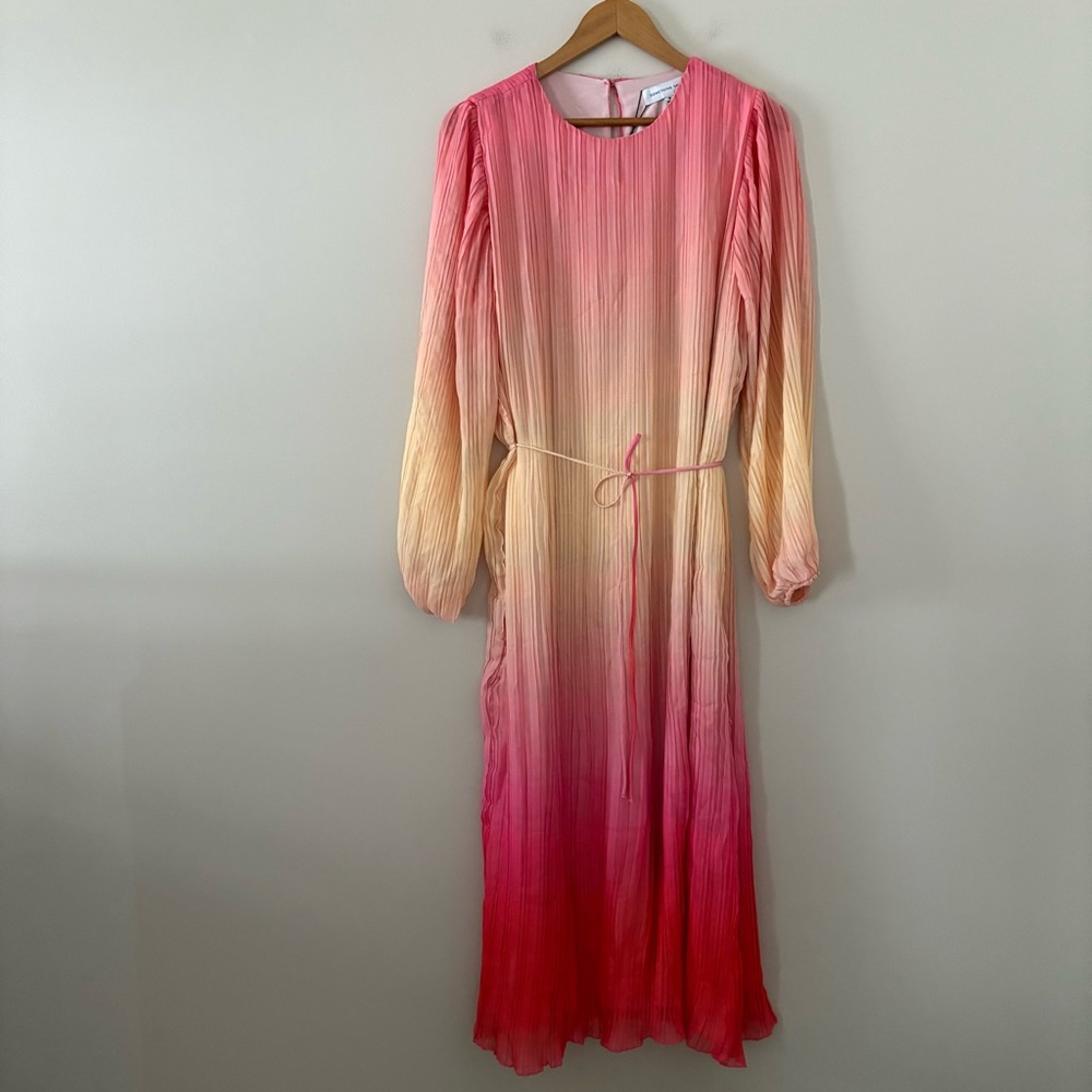 New Something Navy Maxi Dress‎ Pleated Tie Waist Long Sleeve pink combo ombré M - Picture 15 of 15